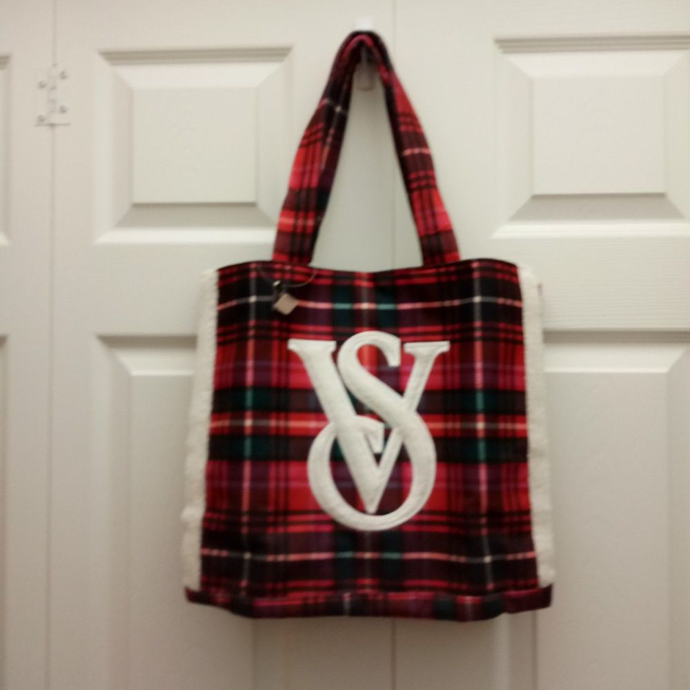 NWT Victoria's Secret VS Red Plaid Print Tote with Faur Fur Edging